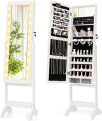 Giantex Standing Jewelry Armoire with Lighted Full Length Mirror, Lockable Jewelry Cabinet Organizer with 20 LED Lights, Adjustable Tilt, Large Storage for Earrings, Rings, Necklaces, White