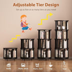 Solid Wood Rotating Bookshelf on Wheels, 4 Tier, Round Revolving Bookcase, 360° Spinning Book Shelf Tower for Kids, Narrow Rolling Bookshelves for Small Space, Corner, Bedroom, Office, Black