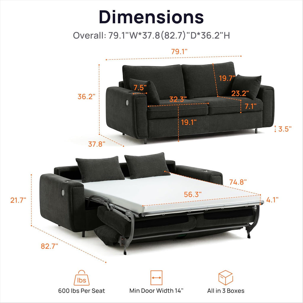 Pull Out Sofa Bed, No Cushion Removal, Queen Sleeper Sofa with USB Fast Charging, Memory Form Mattress, 2-in-1 Convertible Comfy Loveseat Couch Bed for RV, Apartment, and Small Spaces (Dark Grey)