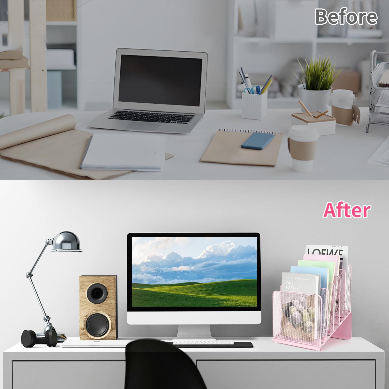 File Organizer for Desk, Desk Organizer with 5-Section Vertical File Rack, File Folder Organizer, Desk Accessories & Workspace Organizers (Pink)