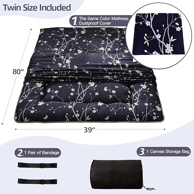 MAXYOYO Japanese Floor Mattress Futon Mattress, 4" Thicken Tatami Mat Sleeping Pad Foldable Roll Up Mat Boys Girls Dormitory Pad Kids Floor Lounger Pillow Bed, Charcoal Grey, Queen Size