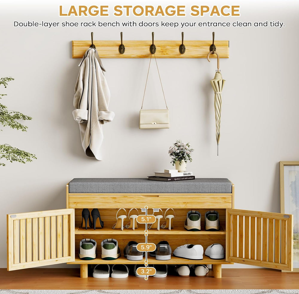 Shoe Storage Bench Coat Rack Set, 35.4" Bamboo Hall Tree Entryway Bench