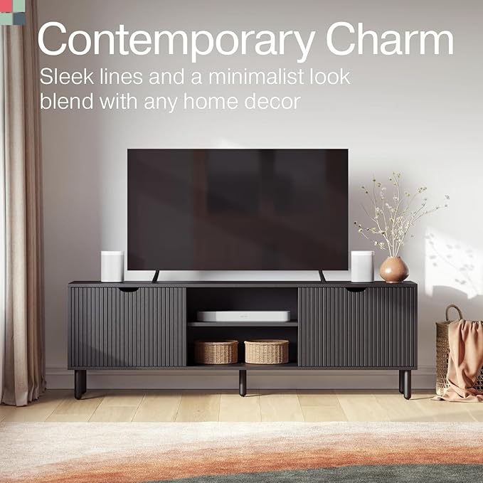 Fluted Wood TV Stand - Soft-Close Doors & Adjustable Shelves TV Console with Storage - Cable Management Entertainment Center - Fluted Doors Hide Components Media Stand - Black, 70