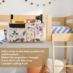 Cute Cherry Blue Flowers Bedside Caddy for Dorm Bed Bedside Hanging Caddy Bag Iron Frame Storage Organizer Pocket for Bunk Home College Hospital Beds 2 Hooks