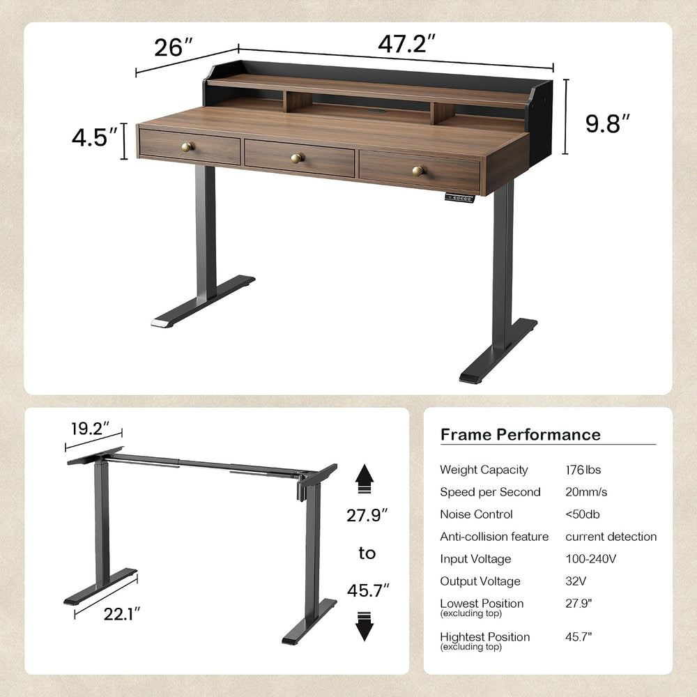 Standing Desk with 3 Drawers, 48 x 26 Inches