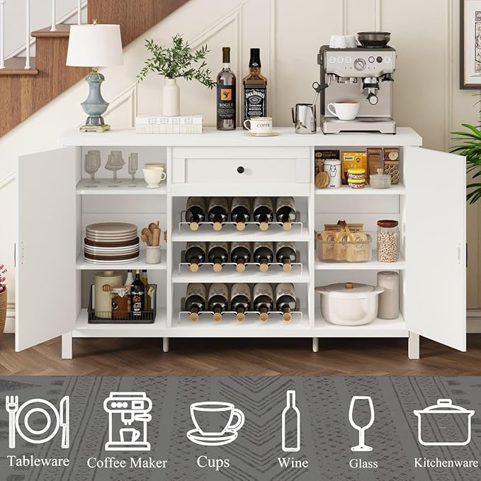 FATORRI Buffet Cabinet with Storage, Modern Coffee Bar Cabinet for Home Liquor, Sideboard Buffet Cabinets with Wine Rack, Kitchen Storage Cupboard with Drawer (White Oak)