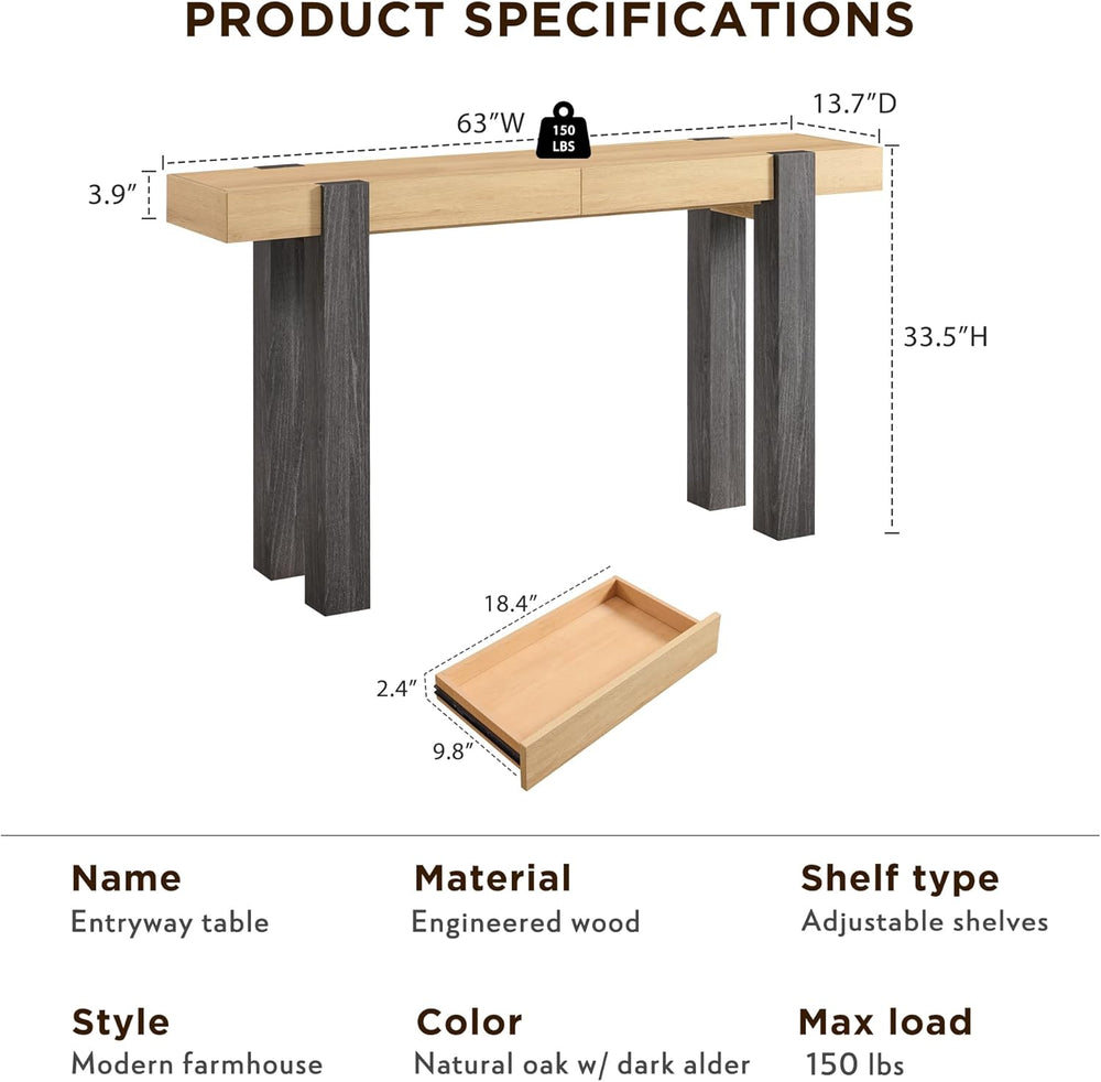 OKD Modern Farmhouse Entryway Table with 2 Drawers, 63" Wooden Console T...