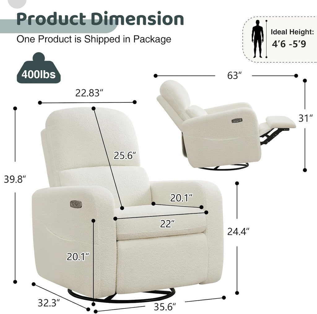 Power Swivel Rocker Recliner, Oversized Boucle Nursery Glider Recliner, Swivel Rocking Reclining Chair with Removable Cushion and Lumbar Support for Nursery Living Room Bedroom, Teddy White