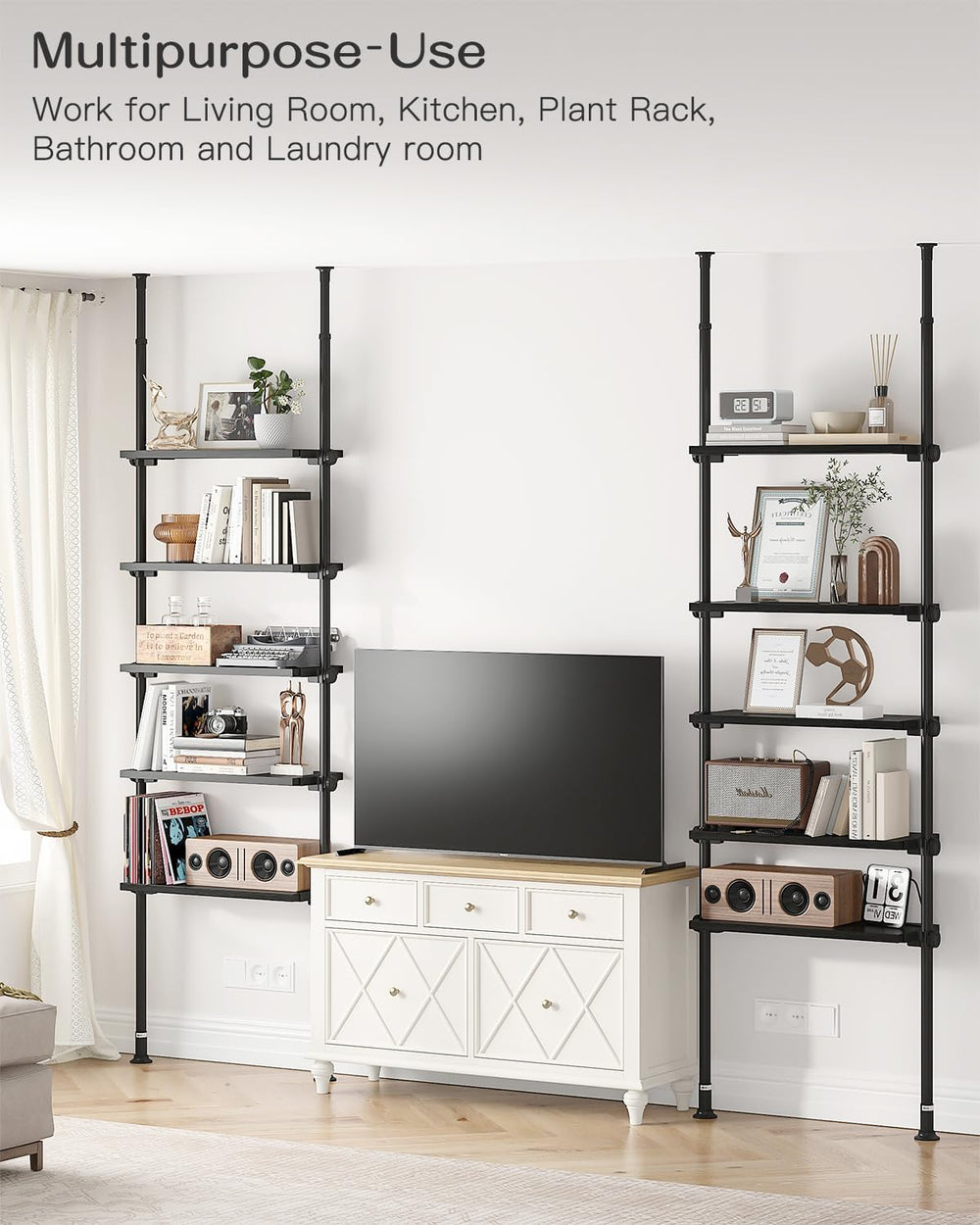 ALLZONE Adjustable Tall Narrow Bookshelf, 5-Tier Floor-to-Ceiling Tension Mou...