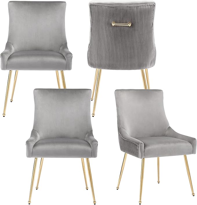 Velvet Dining Chairs Set of 4, Modern Upholstered Kitchen Chair with Pull Handle & Pleated Back, Mid Century Accent Chair with Gold Metal Legs for Vanity,Dining,Kitchen,Living Room, Grey