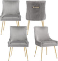 Velvet Dining Chairs Set of 4, Modern Upholstered Kitchen Chair with Pull Handle & Pleated Back, Mid Century Accent Chair with Gold Metal Legs for Vanity,Dining,Kitchen,Living Room, Grey
