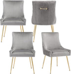 Velvet Dining Chairs Set of 4, Modern Upholstered Kitchen Chair with Pull Handle & Pleated Back, Mid Century Accent Chair with Gold Metal Legs for Vanity,Dining,Kitchen,Living Room, Grey