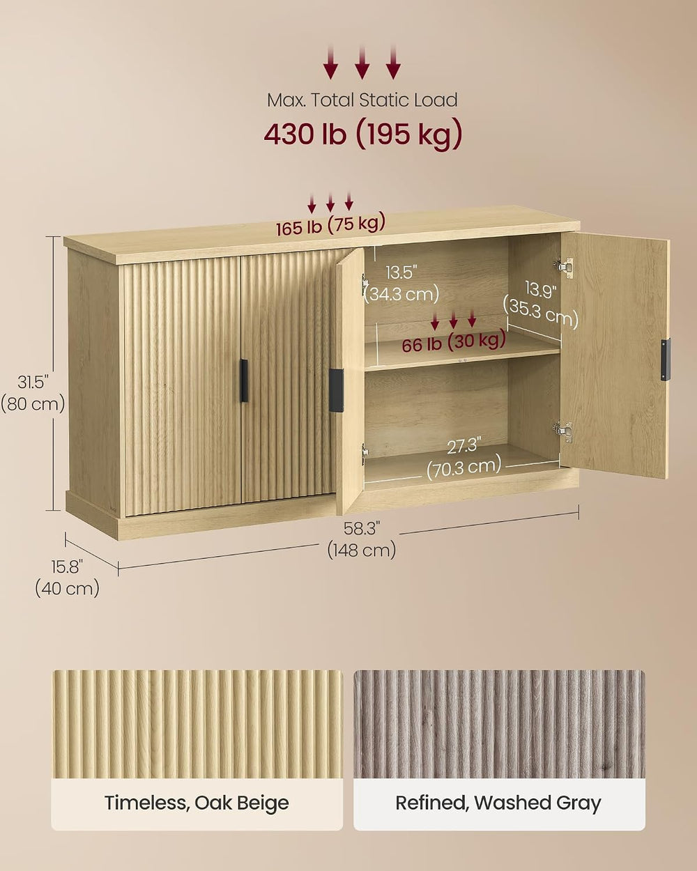 VASAGLE Contemporary Buffet Cabinet with Adjustable Shelves, Fluted Doors