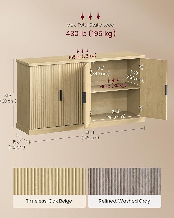 VASAGLE MAXE Collection - Buffet Cabinet, Console Cabinet, Sideboard with Adjustable Shelves, Fluted Doors, Transitional, Kitchen Pantry, Oak Beige UBBK382Y01S