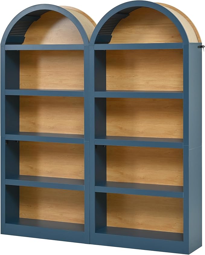 3-Piece Farmhouse TV Stand Set with Bookshelf for TVs Up to 70", Two-Tone Wood Grain Entertainment Center with Arched Design, Retro Sideboard with Tempered Glass Doors for Living Room (Blue+Natural)