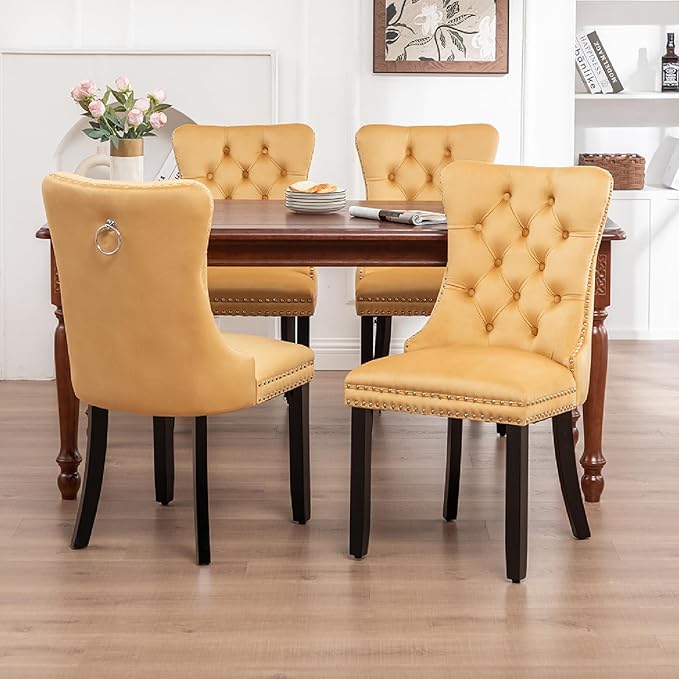 Kiztir Velvet Dining Chairs Set of 4, Upholstered Dining Chairs with Ring Pull Trim and Button Back, Luxury Tufted Dining Chair for Living Room, Bedroom, Kitchen (Gold)