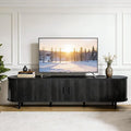 70" Mid Century Modern TV Stand, Wood TV Consoles with Sliding Doors and Power Outlet, Fluted Entertainment Center with Adjustable Shelves, Media Console for Living Room, Black