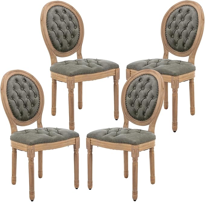 French Country Dining Chairs Set of 4,Farmhouse Upholstered Dining Room Chairs with Tufted Round Back&Solid Leg,PU Leather Kitchen Side Chairs for Kitchen/Bedroom/Dining Room,Turquoise