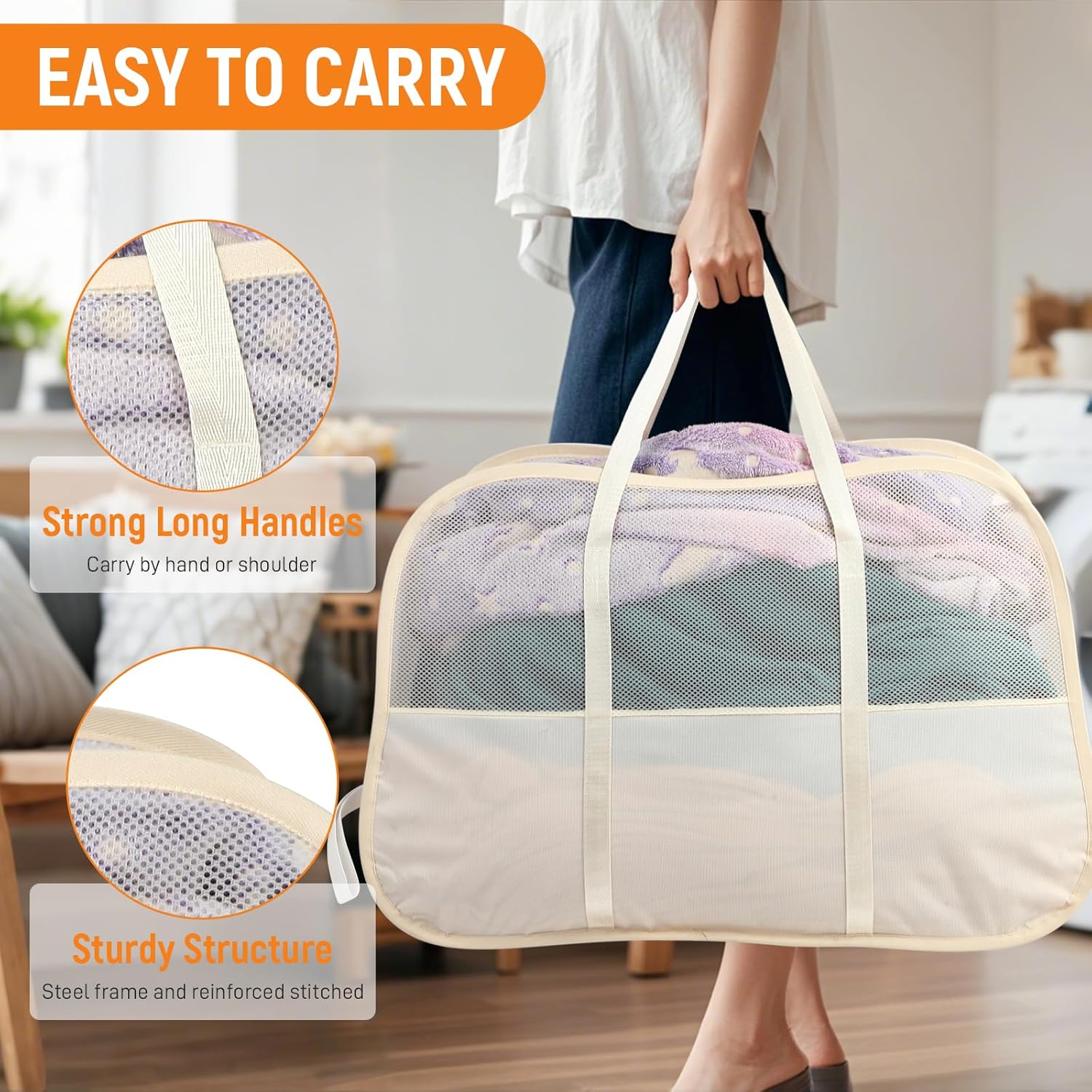 Collapsible Laundry Baskets with Easy Carry Handles, 95L Clothes Hamper for Storage, Foldable Laundry Basket Tear-proof, Large Pop Up Hampers for Laundry, Bedroom, Bathroom, Dorm Beige