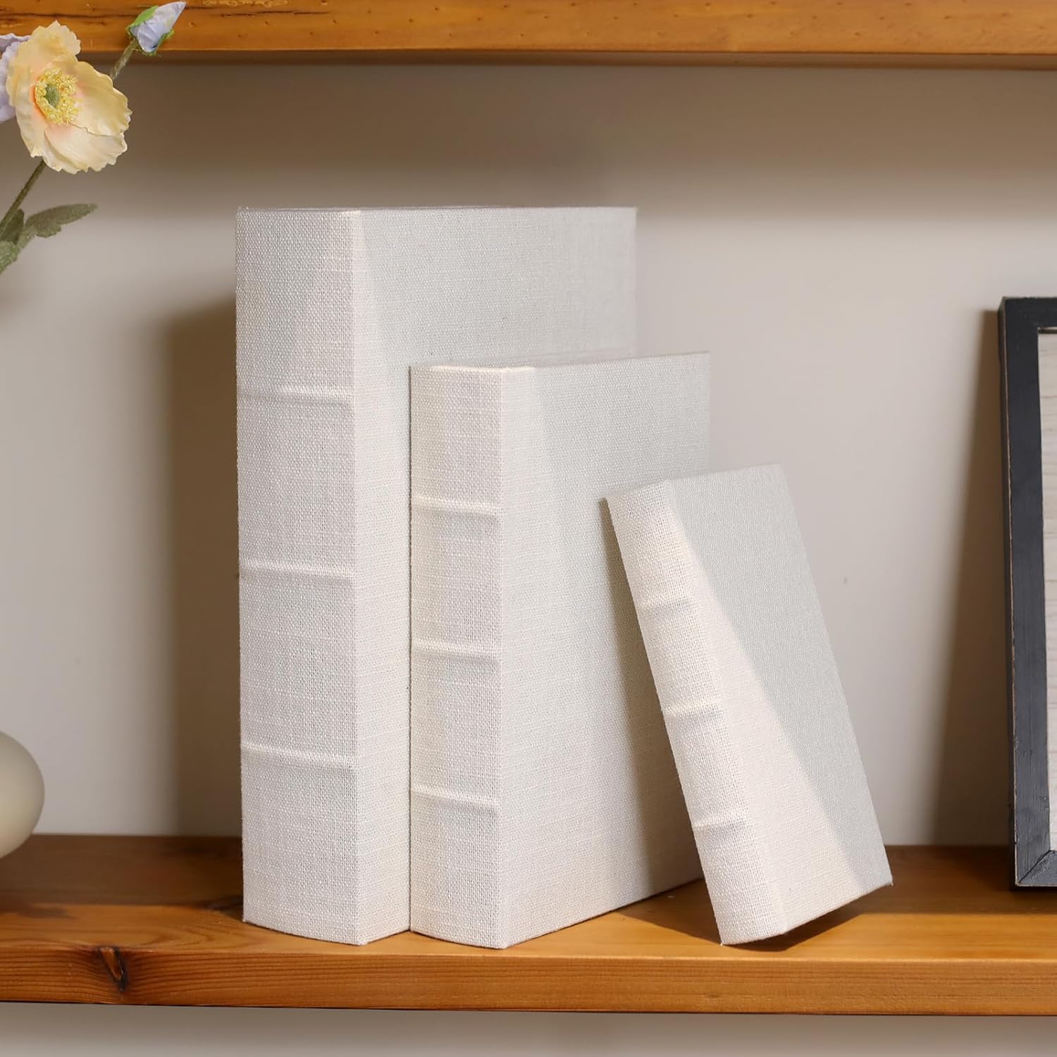 Modern Linen and Wood Decorative Faux Book Boxes Set of 3-13",10",8" - White