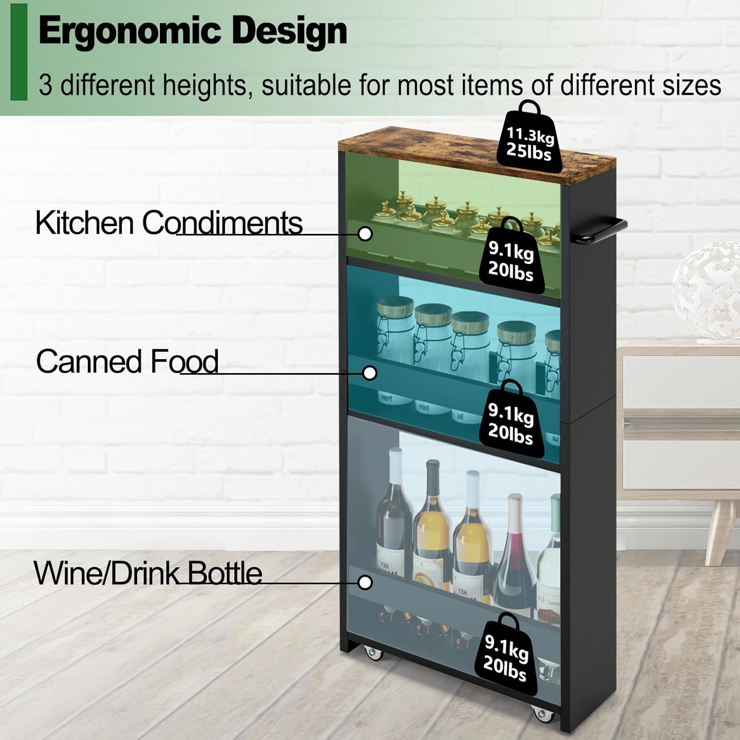 MARTY Rolling Storage Cart 4-Tier Black Kitchen Cart with Wheels, Slim Storage Cart with Handle Slide Out Utility Cart Shelving Unit Organizer Trolley for Laundry Narrow Places Bathroom Small Corner