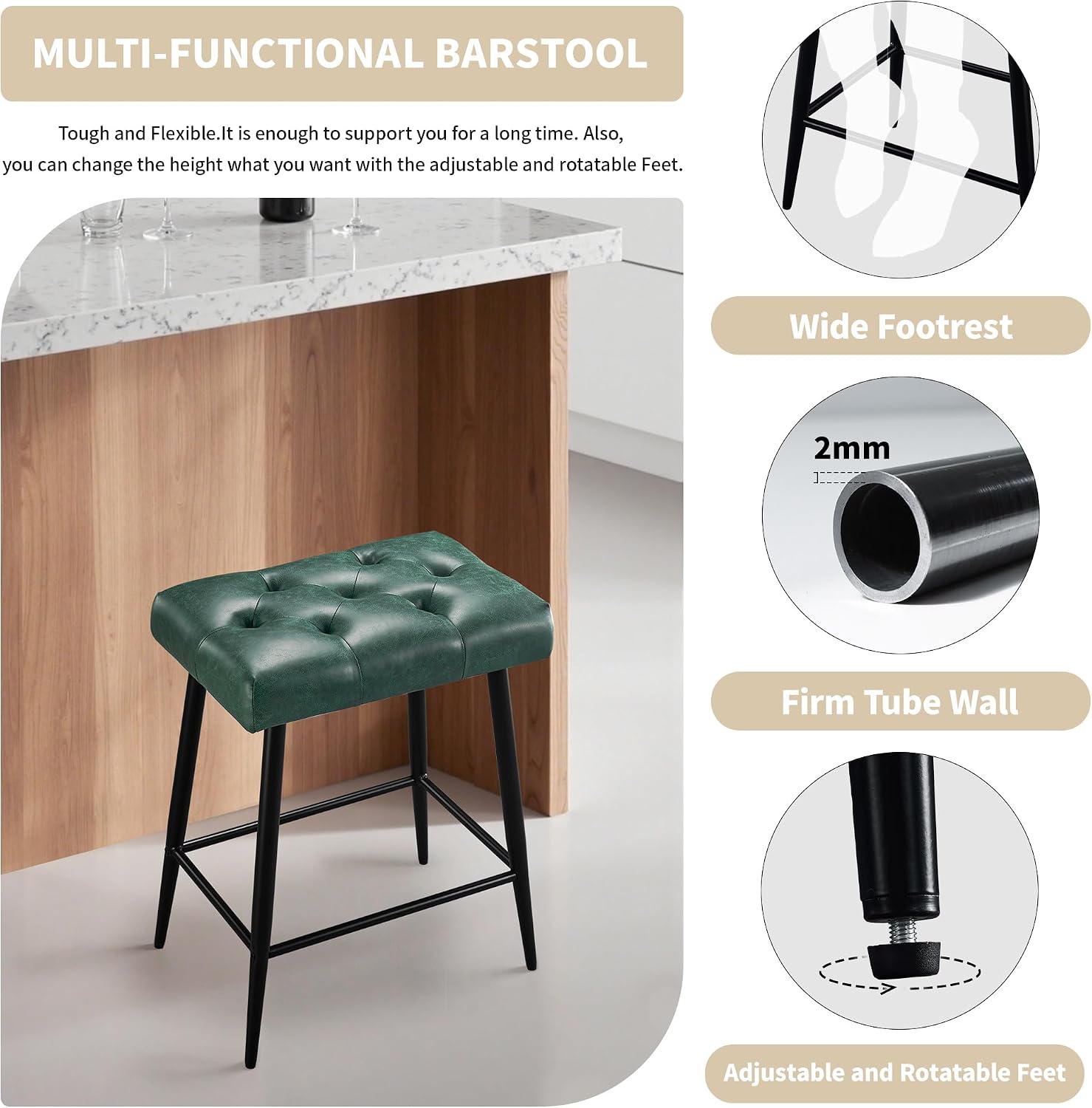 STOOLINK Bar Stools Set of 2, 24 Inch Counter Height Bar Stool for Kitchen Island, Modern Bar Hight Stools with Sturdy Metal Base and Thickened Saddle Cushion, 330Lbs, Green