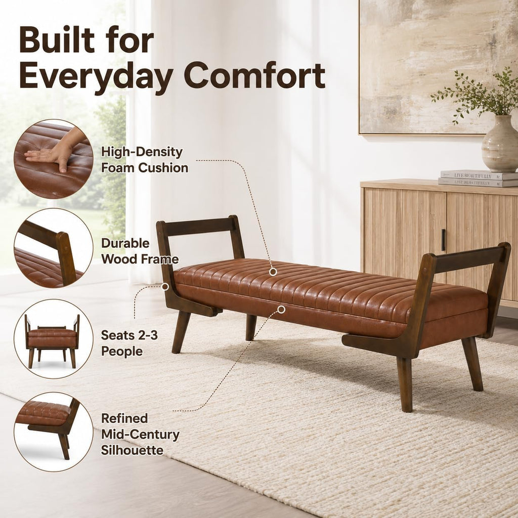 52" Upholstered Bench, Brown Faux Leather, Walnut Legs | Mid-century modern ottoman with high-resilience foam, sturdy wood frame. Ideal for bedroom end of bed, entryway, living room