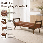 52" Upholstered Bench, Brown Faux Leather, Walnut Legs | Mid-century modern ottoman with high-resilience foam, sturdy wood frame. Ideal for bedroom end of bed, entryway, living room