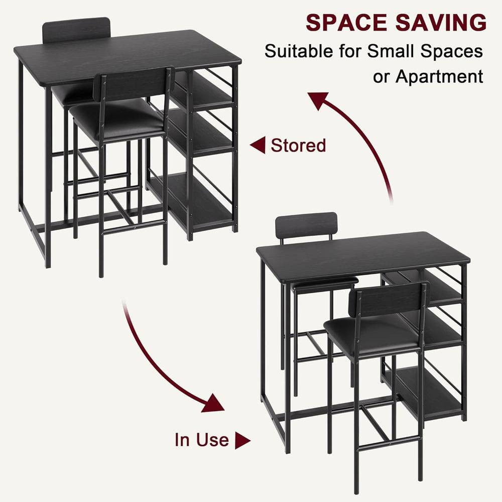 Bar Table and Chair Set with Three Shelves Small 2-Person Dining Table with 2...