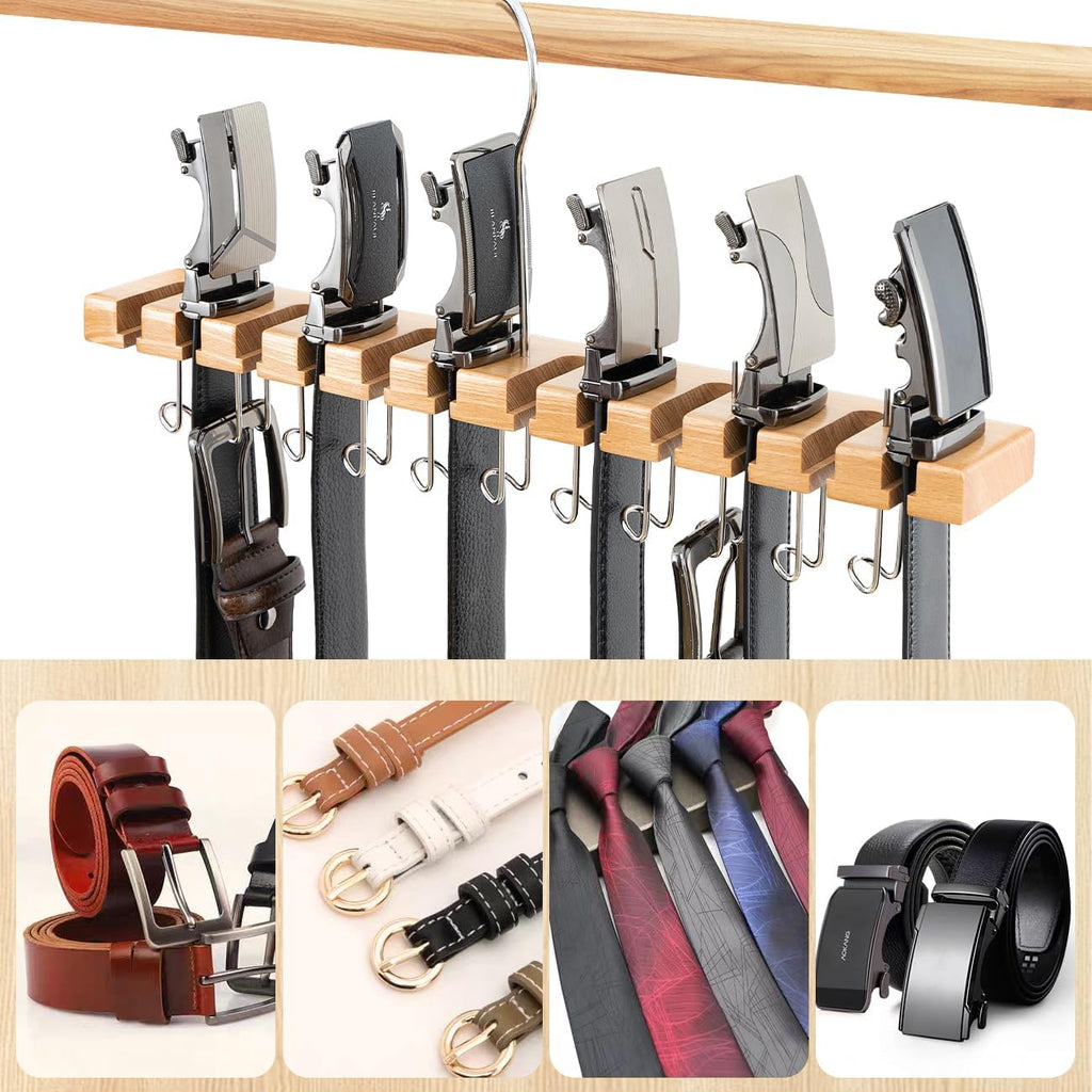 Wooden Belt Hanger for Closet 2-in-1 Wall Mount Belt Organizer Holder for Closet Organizer Storage, Ratchet Belt Rack Closet Accessories with 12 Slots & 11 Hooks