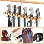 Wooden Belt Hanger for Closet 2-in-1 Wall Mount Belt Organizer Holder for Closet Organizer Storage, Ratchet Belt Rack Closet Accessories with 12 Slots & 11 Hooks