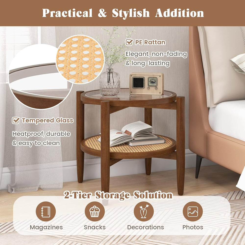 GIANTEX Rattan Round End Table Set of 2, Walnut Boho Nightstand with Tempered...