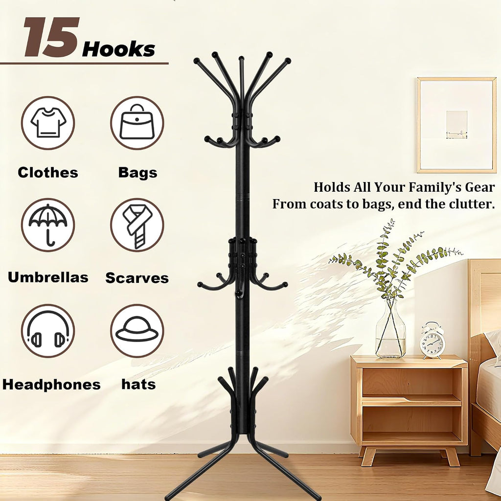 Metal Coat Rack, Freestanding Coat Tree & Hall Tree with 15 Hooks, Sturdy Coat Rack Stand and Hat Rack, Coat Hanger for Entryway, Bedroom, Office for Jackets, Hats, Bags,Black