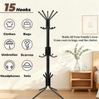 Metal Coat Rack, Freestanding Coat Tree & Hall Tree with 15 Hooks, Sturdy Coat Rack Stand and Hat Rack, Coat Hanger for Entryway, Bedroom, Office for Jackets, Hats, Bags,Black