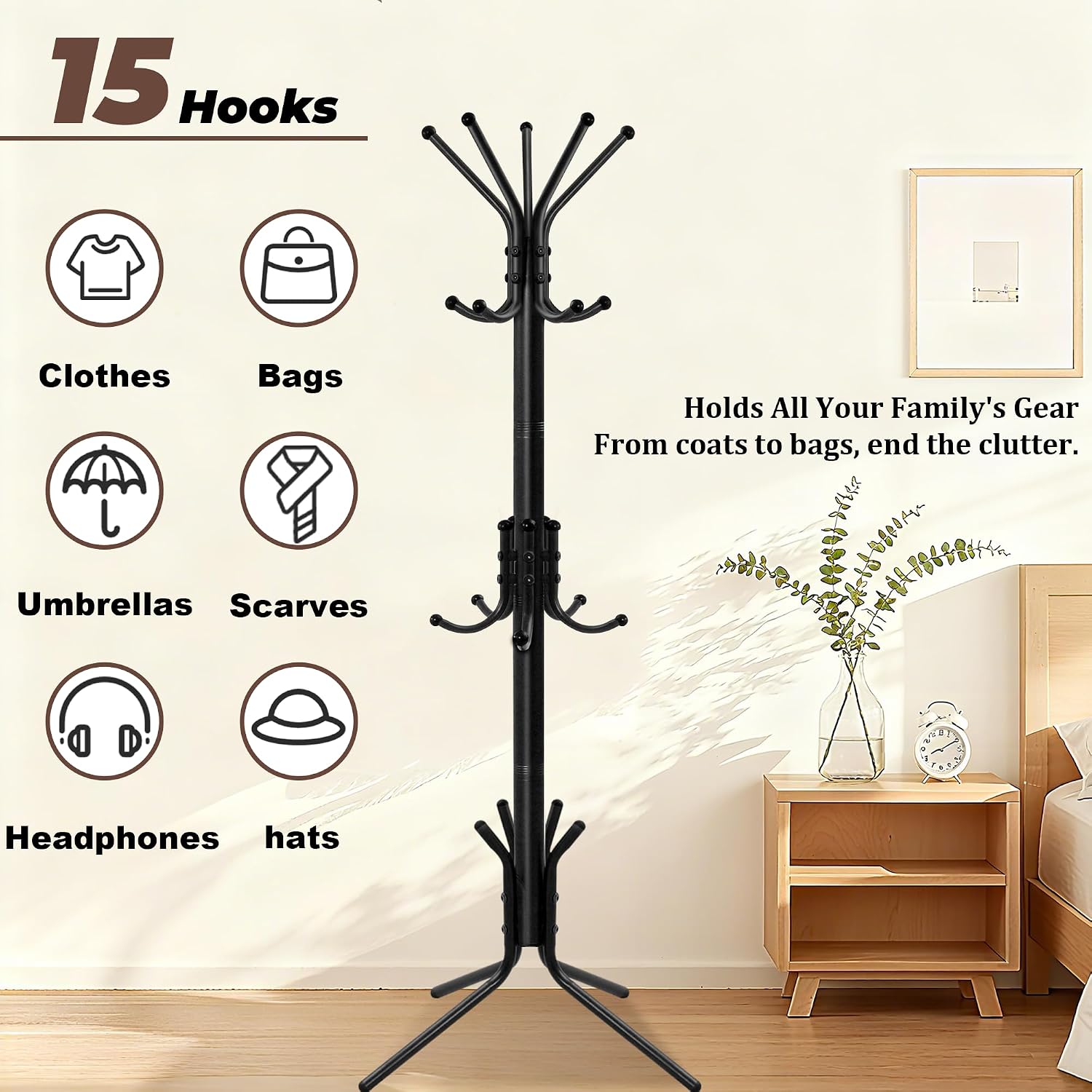 Metal Coat Rack, Freestanding Coat Tree & Hall Tree with 15 Hooks, Sturdy Coat Rack Stand and Hat Rack, Coat Hanger for Entryway, Bedroom, Office for Jackets, Hats, Bags,Black