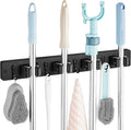 Black Mop Broom Holder Wall Mount with 4 Slots & 4 Hooks - Rustic Wood Broom Mop Hanger for Pantry Closet Laundry Room Organization - Heavy Duty Garden Tool Organizer - Black Kitchen Decor