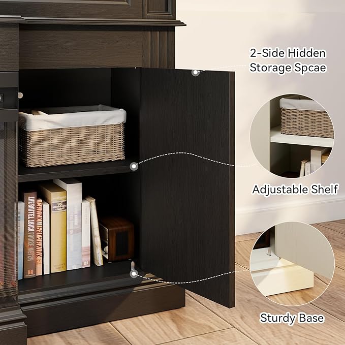 63" Farmhouse TV Stand with Fireplace for TVs up to 70", Media Entertainment Center with Adjustable Shelves, Farmhouse TV Console for Living Room, Black & Black
