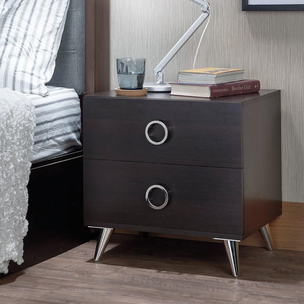 2 Drawers MDF Nightstand with Plastic Legs, Espresso,for Small Spaces
