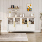GarveeHome Sideboard Buffet Cabinet with 4 Glass Doors, 55" Buffet Table Coffee Bar Wine Bar Display Cabinet for Kitchen Dining Room, Living Room (White, Glass with 4 Doors)