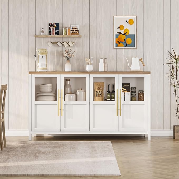 GarveeHome Sideboard Buffet Cabinet with 4 Glass Doors, 55" Buffet Table Coffee Bar Wine Bar Display Cabinet for Kitchen Dining Room, Living Room (White, Glass with 4 Doors)
