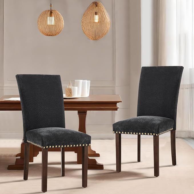 COLAMY Upholstered Parsons Dining Chairs Set of 6, Fabric Dining Room Kitchen Side Chair with Nailhead Trim and Wood Legs - F-Black