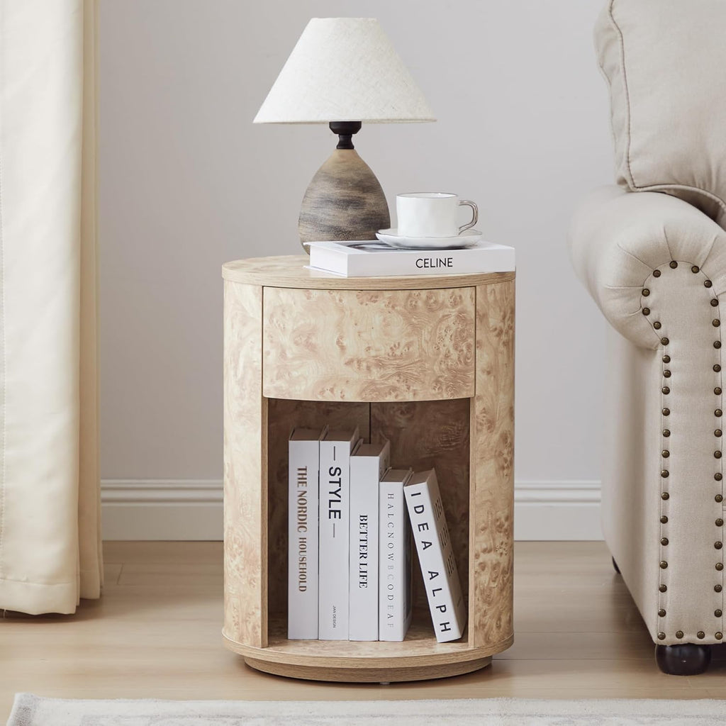 Side Table with Drawer, Round Bedside Table with Open Shelf, Farmhouse Burl Wood Nightstand Accent Table for Living Room, Bedroom (Natural, 1-Pack)