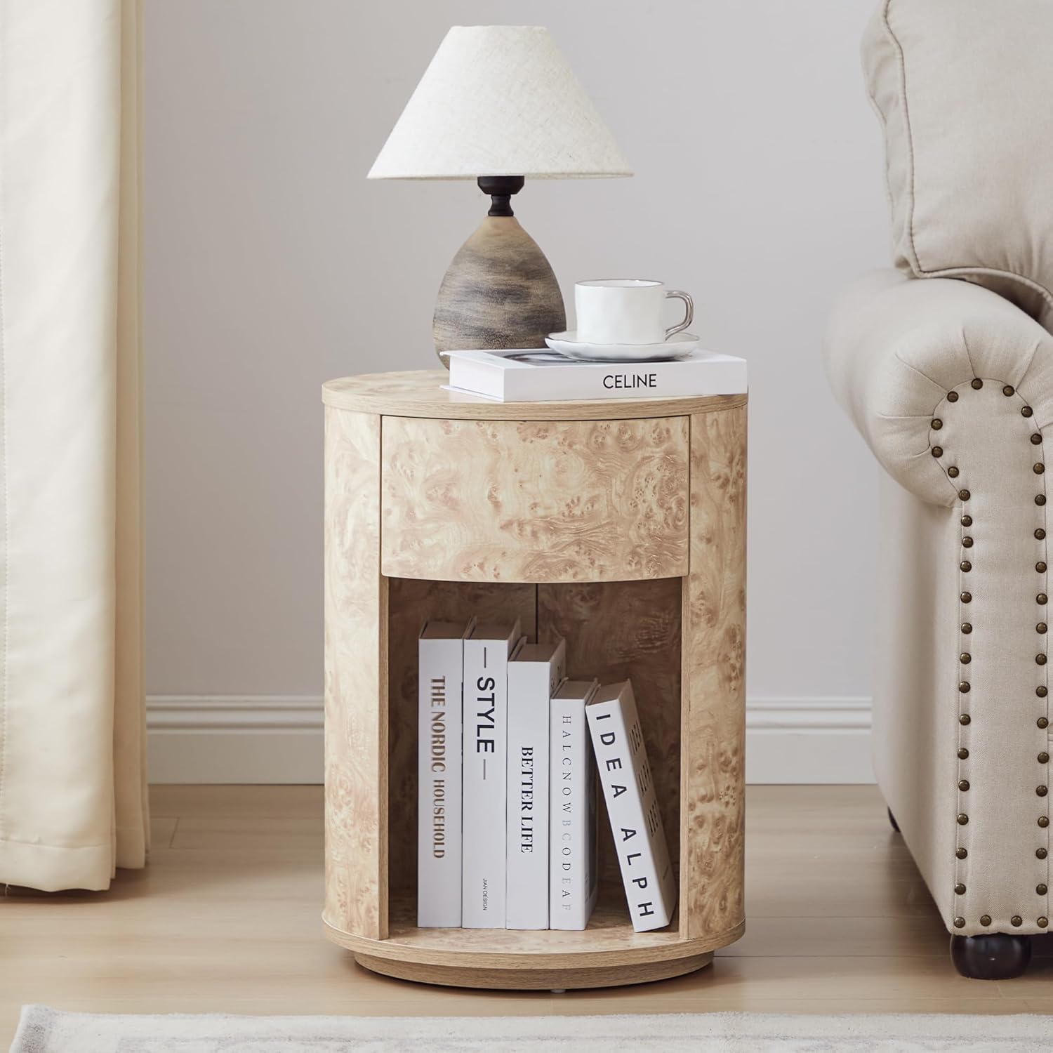 Side Table with Drawer, Round Bedside Table with Open Shelf, Farmhouse Burl Wood Nightstand Accent Table for Living Room, Bedroom (Natural, 1-Pack)