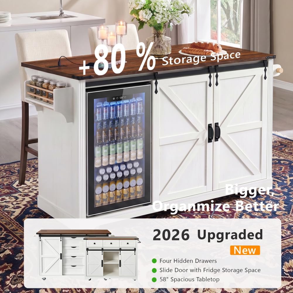 Merax 72" L White Rolling Kitchen Island with Fridge Storage Space | Cof...