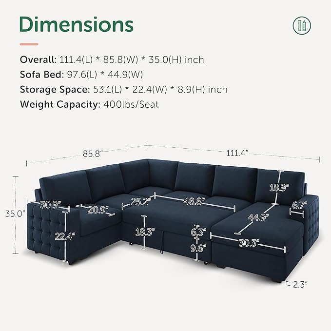 HONBAY Sectional Sleeper Sofa with Pull Out Bed U-Shape Sectional Couch Sleeper Bed with Storage Chaise Lounge Living Room 6 Seater Sectional Sofa,Velvet Dark Blue