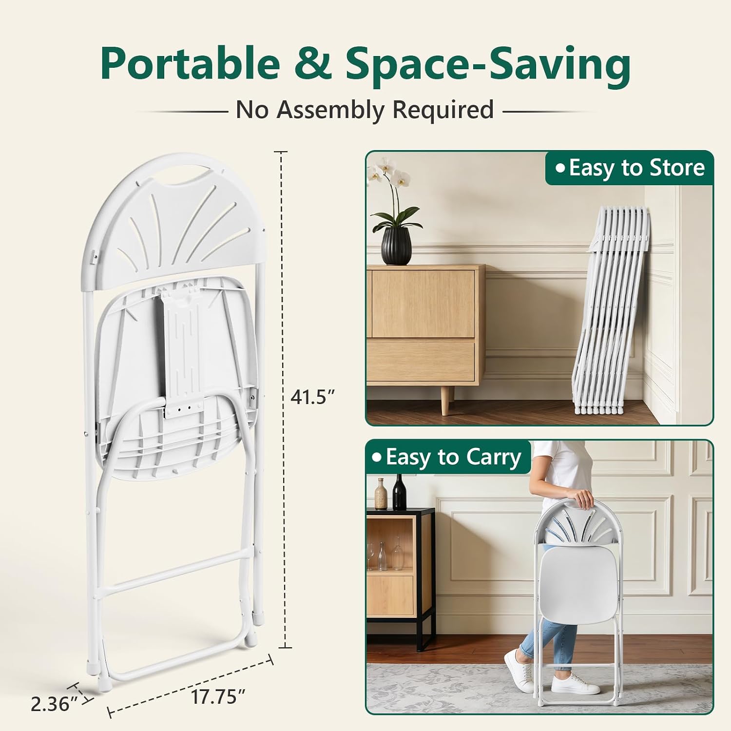 Folding Chair 2 Pack, Portable Foldable Chair with Ergonomic Design Back&Seat, Plastic Chairs for Party Wedding Dinning Indoor&Outdoor Use, Metal Frame Supports up to 350lbs, White
