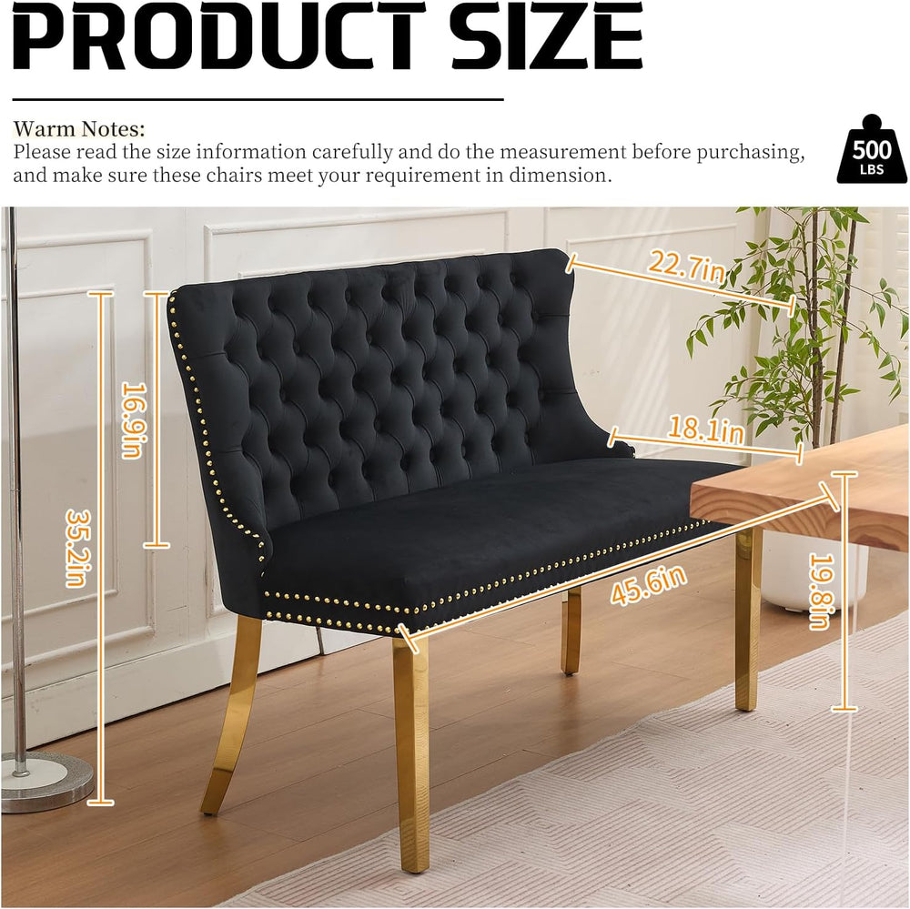 Black Velvet Dining Bench with Back, Tufted Banquette Seating, Gold Legs | Up...