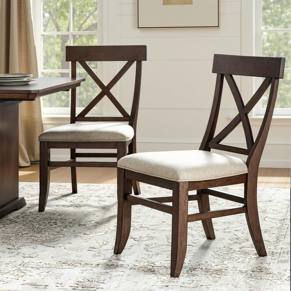Farmhouse Upholstered Dining Chairs Set of 2, Walnut | Wooden Kitchen Chairs ...