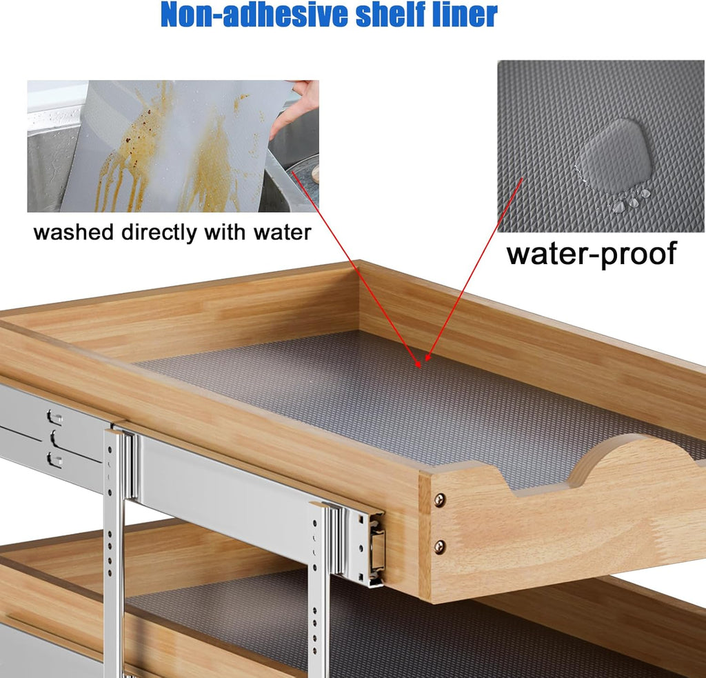 DINDON 3 Tier Pull Out Cabinet Organizer 20”W X21”D Slide Out Shelves With Shelf Liner for Kitchen Wood Roll Out Drawers Pantry Organization