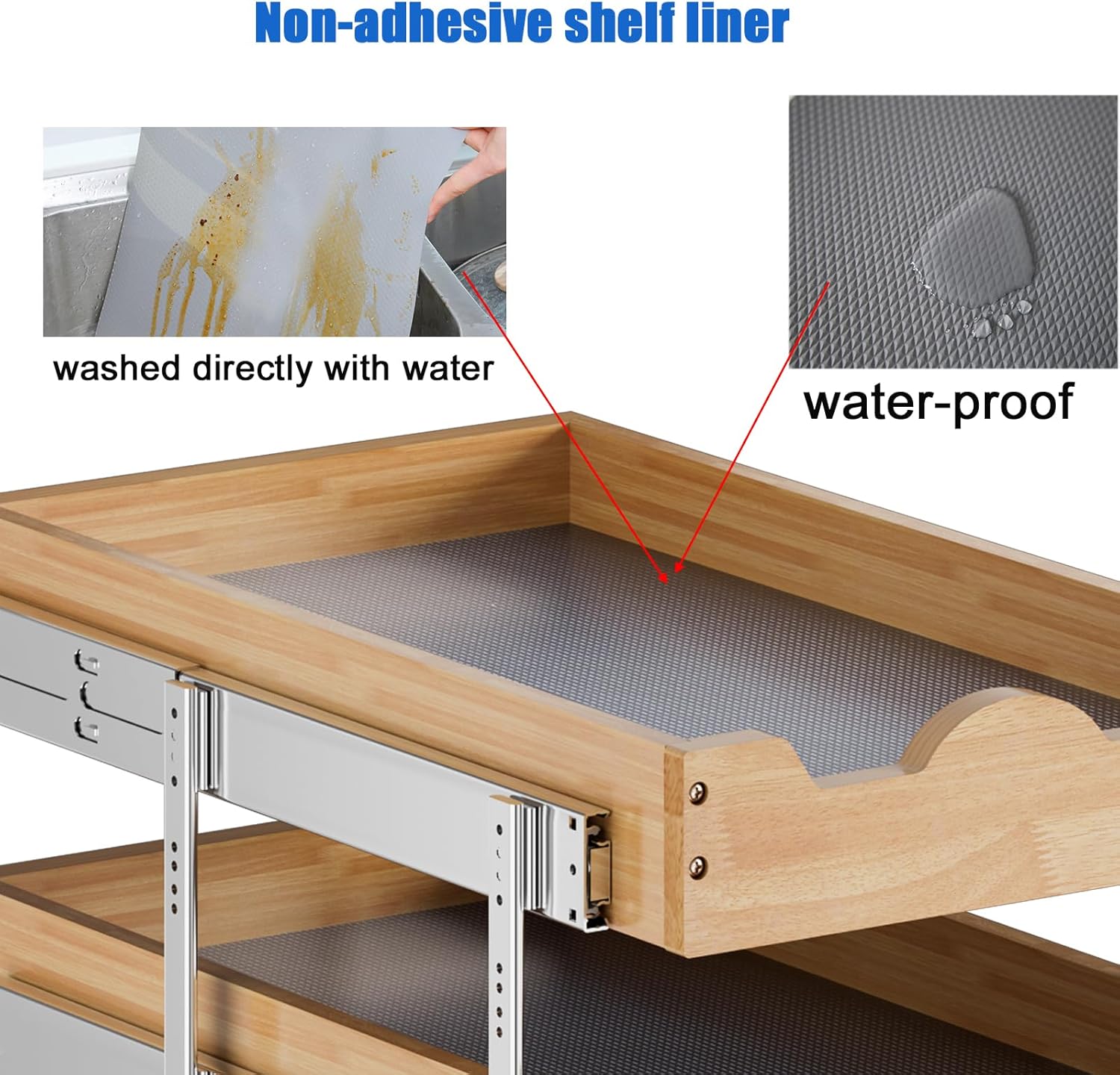 DINDON 3 Tier Pull Out Cabinet Organizer 17”W X21”D Slide Out Shelves With Shelf Liner for Kitchen Wood Roll Out Drawers Pantry Organization
